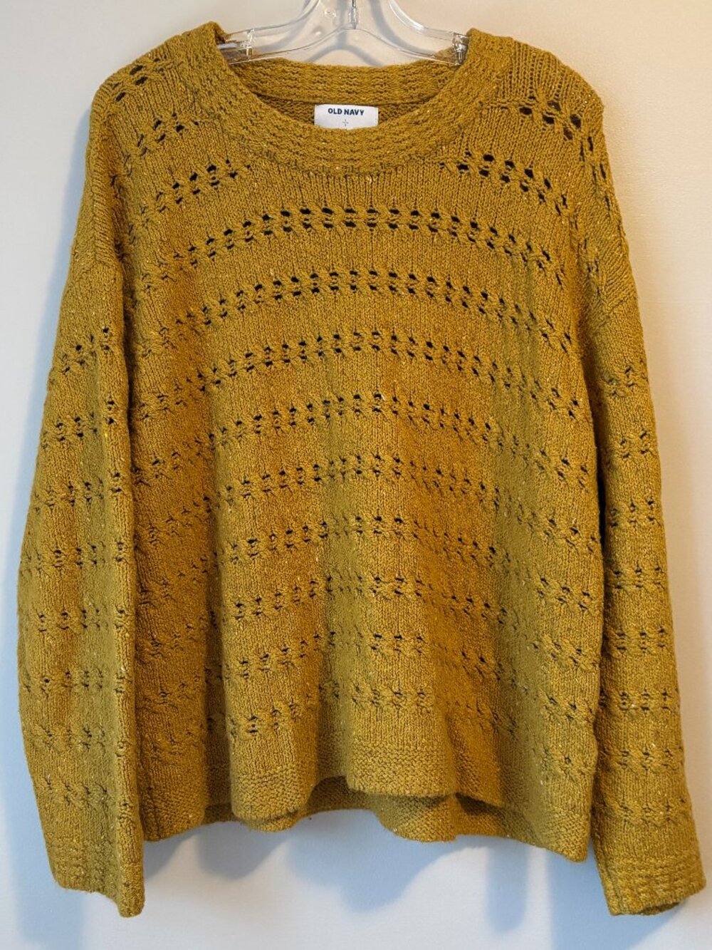 Old Navy Crafted Crewneck Pullover Gold Open Knit Tweed Sweater Large L